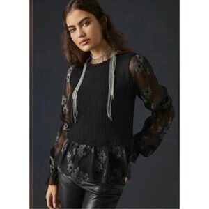 Anthropologie Black Knit Top with Sheer Floral Sleeves